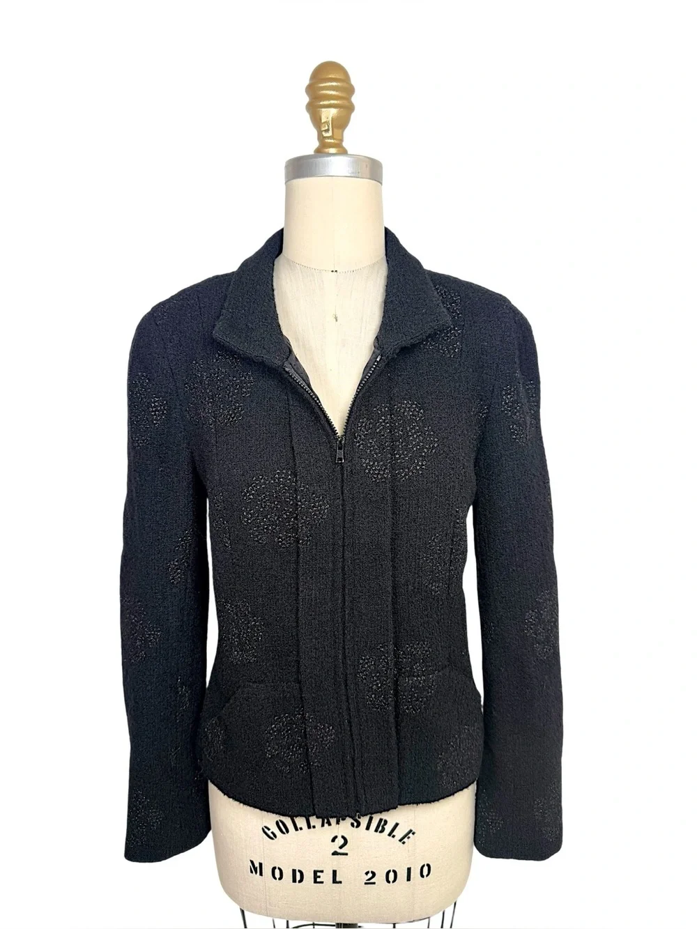 Chanel Cruise 2003 Black Camellia Bouclé Zip Jacket FR36